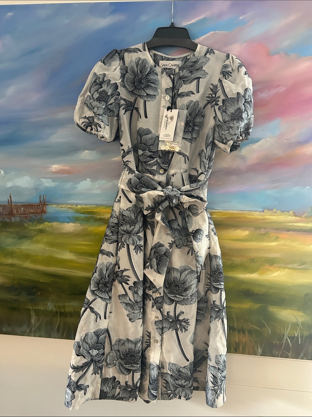 Sara Campbell Cream Midi Dress with Blue Floral Print
